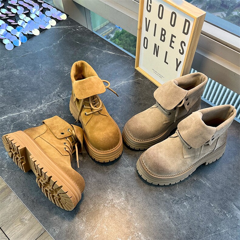真皮马丁靴女休闲两穿女靴2024冬季新款粗跟百搭大黄靴女厚底短靴，女鞋马丁靴，电商A223