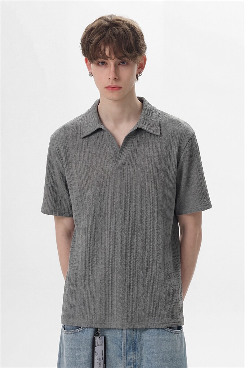 肌理感麻花条纹短袖polo衫V领翻领夏季百搭T恤X61407-TP2549,男装T恤,电商A102