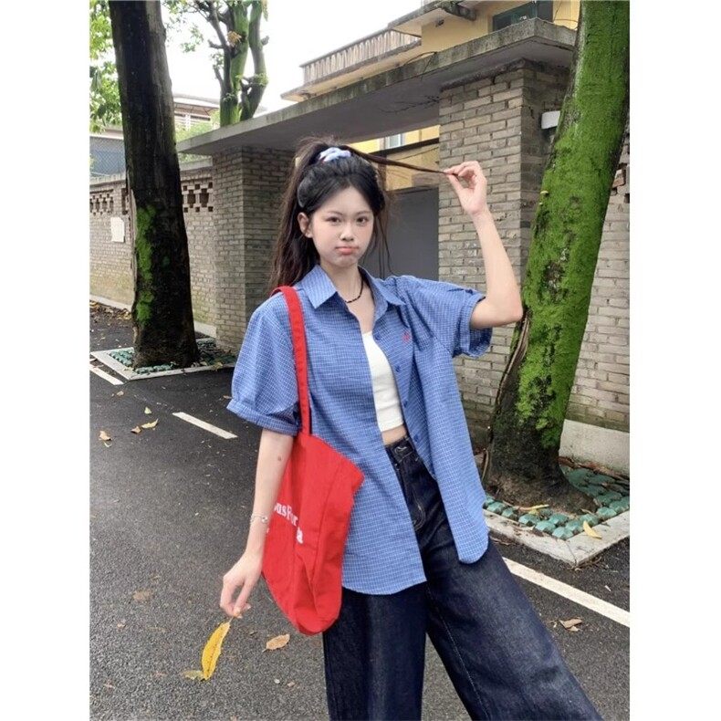 刺绣短袖蓝色格子衬衫女夏季2025韩系学院风薄款衬衣宽松开衫外套,男装T恤,星座506A