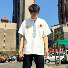 万针全刺绣解构设计260克重磅双纱纯棉高品质美式高街短袖T恤特35，男装T恤，电商A486-1
