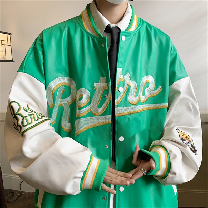 特批60春秋款pu皮拼色男士棒球领刺绣外套机动皮夹克潮PJ222,男装夹克,电商B370