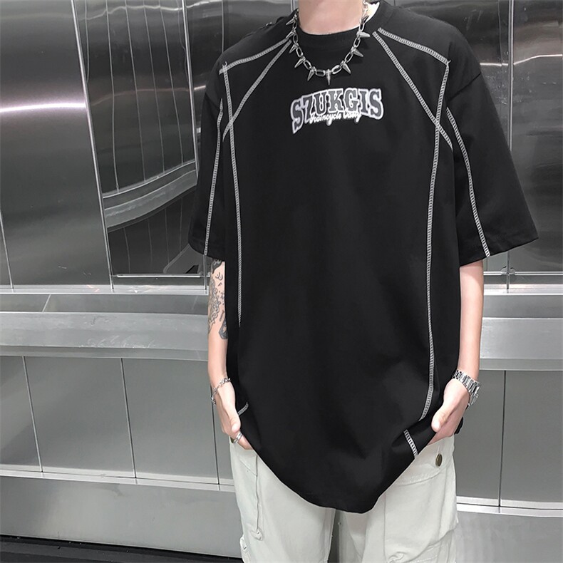 美式复古线条设计感短袖男女夏季圆领港风印花情侣款纯棉T恤DT44图片