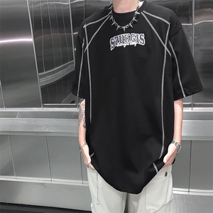 美式复古线条设计感短袖男女夏季圆领港风印花情侣款纯棉T恤DT44图片