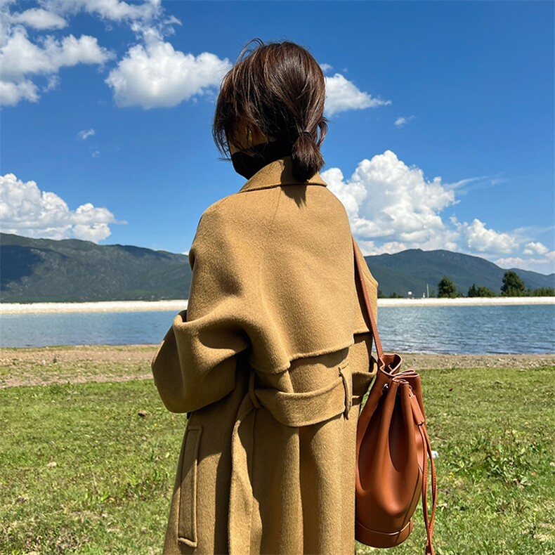 2025年夏季常规中长款长袖一粒扣纯色双面呢大衣,女装双面呢大衣,蒙绒特