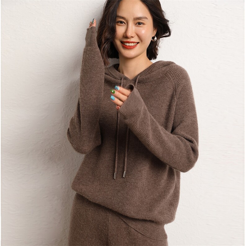 连帽毛衣女秋冬2024新款宽松慵懒风针织衫长袖羊绒衫,女装羊绒衫,五色羊羊绒
