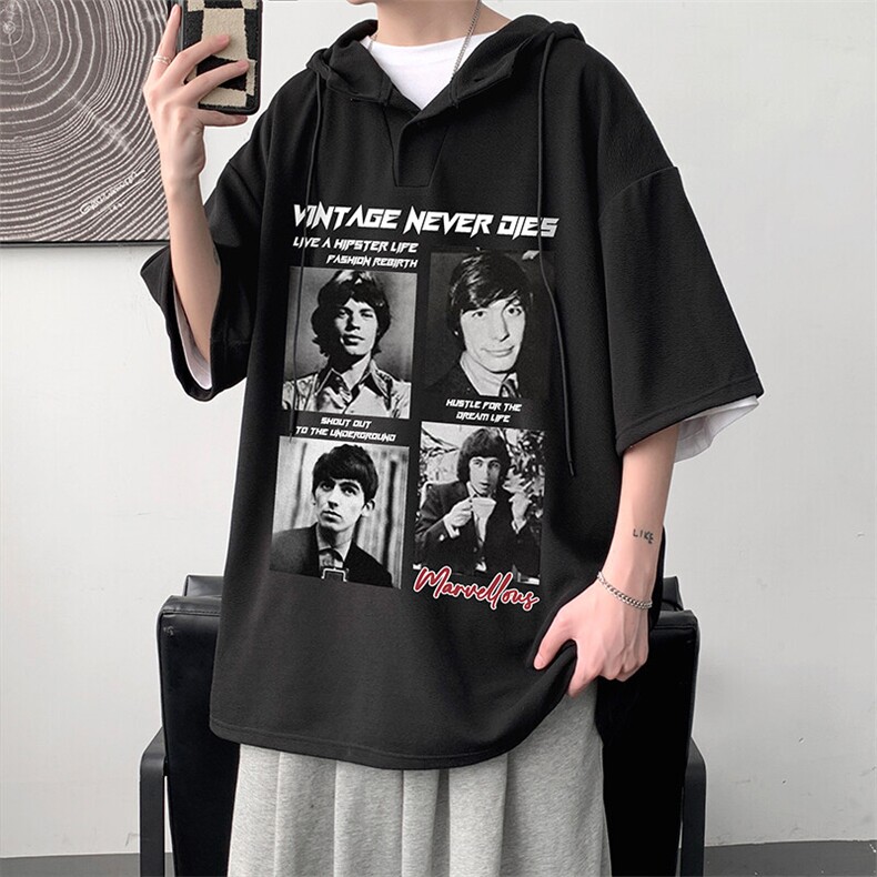 LD54451-P45连帽短袖t恤男大码胖子带帽五分袖中袖,男装T恤,电商A040
