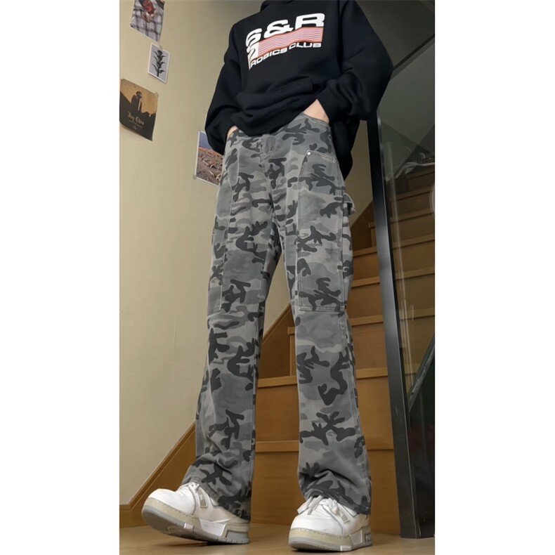 新款迷彩微喇牛仔裤美式休闲做旧直筒高街工装裤伐木裤GJ39P45,男装牛仔裤,电商D256-3(原A064-3)