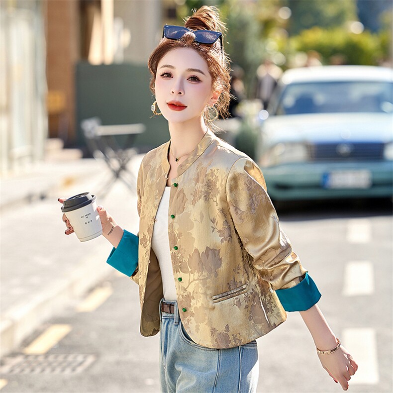 新中式国风提花外套女2025春季新款小个子高级感修身短款唐装上衣,女装短外套,布芭啦