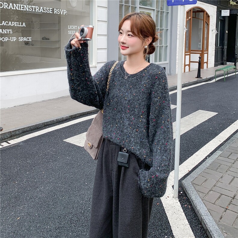 彩色波点灰色针织毛衣阔腿裤套装女秋冬巨好看两件套减龄ootd穿搭图片