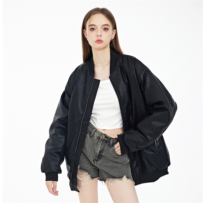 现货黑色PU皮棒球服外套秋冬棉服带帽可拆卸,男装棉衣,电商A105