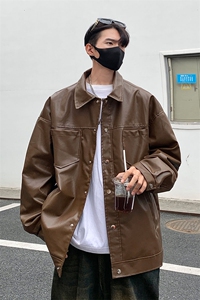 港风翻领pu皮面料皮衣男潮流休闲宽松皮衣外套男77107P78控108图片