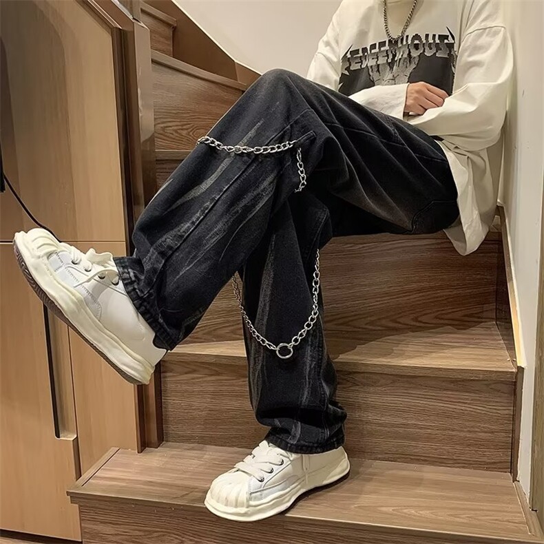 欧美hiphop裤子设计感高级感渐变扎染牛仔裤美式高街男挂链阔腿裤图片
