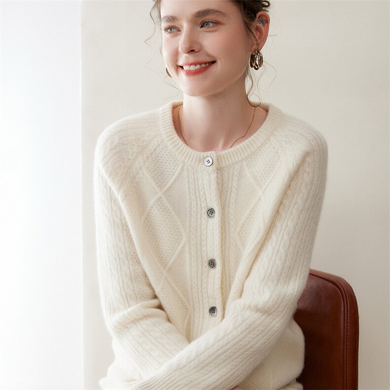 圆领绞花开衫休闲百搭长袖单件，女装针织衫/毛衣，绒又羊绒