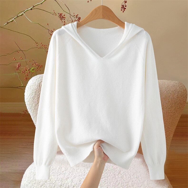 2025年秋季新款时尚百搭简约长袖一线连帽休闲帽衫针织打底上衣，女装针织衫/毛衣，众美斯特