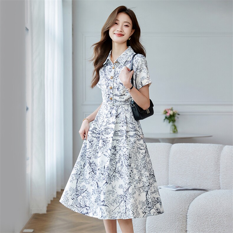 时尚高腰水墨印花连衣裙女2025夏季新款时尚休闲短袖长裙,女装连衣裙,时尚风爆