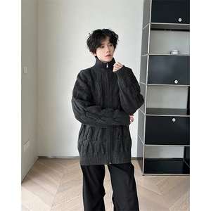 美式复古麻花开衫毛衣潮牌宽松休闲拉链慵懒风针织衫图片