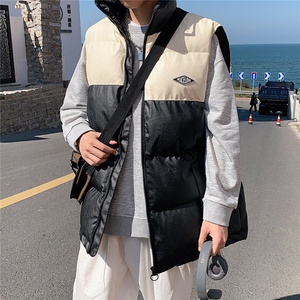 2026秋冬装羽绒棉马甲男加厚拼色立领PU皮坎肩 MJ17588/P85 杏色图片