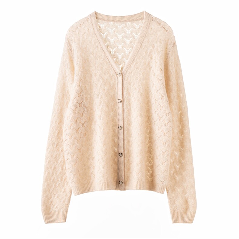 2025年秋季新款V领镂空针织羊绒开衫时尚休闲通勤，女装羊绒衫，濮尚羊绒