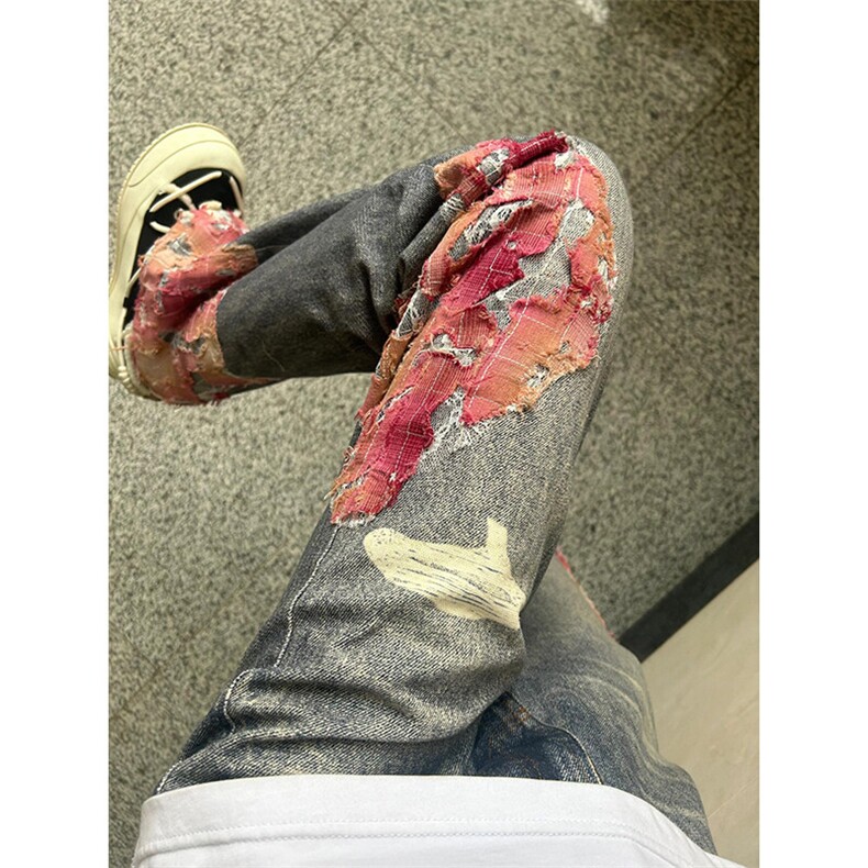 晚霞蕾丝拼接牛仔裤高级感设计感休闲直筒裤NZ03特P52,男装牛仔裤,星座908-1