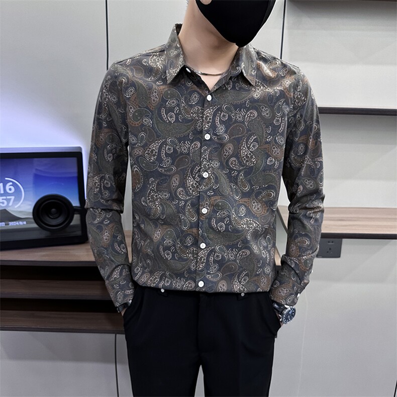 复古腰果花男士衬衣2024春秋季新款卡其色A368-CS9919-P68,男装衬衫,电商A368