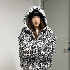 棕色双面穿豹纹连帽棉服男女冬季加绒加厚座山雕外套PU皮三防保暖，男装棉衣，星座506A