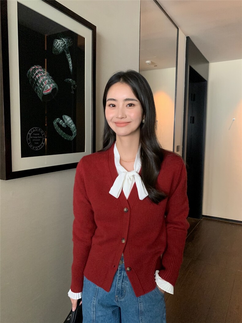 V领山羊绒针织开衫女修身毛衣秋冬短款长袖上衣外套女,针织衫/毛衣,玛卡隆羊绒