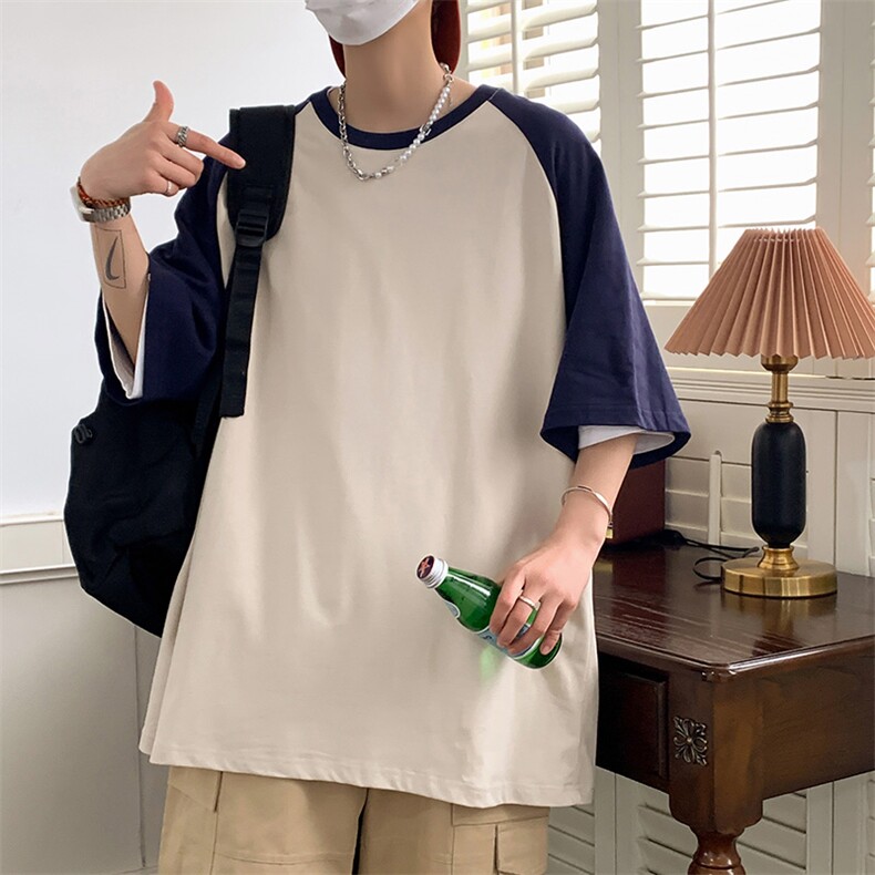 夏季主推拼接落肩港风大码宽松情侣休闲学生班服T恤圆领重磅260克,男装T恤,星座301D-4(原星座1004-4）