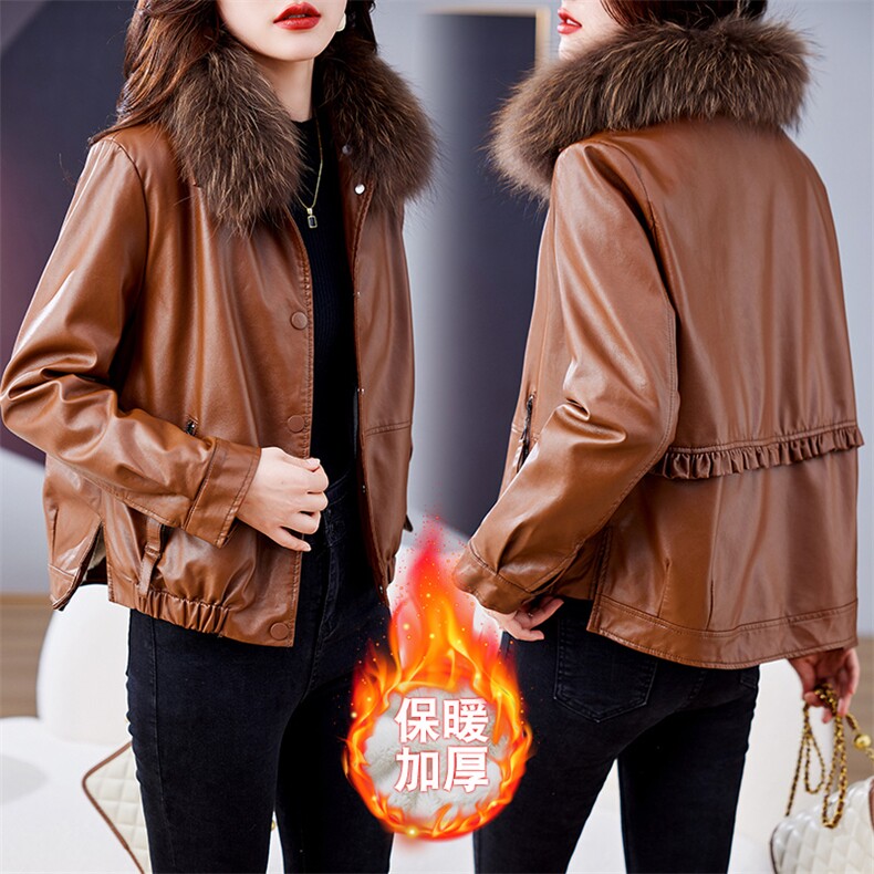真毛领皮衣外套女2024年冬季新款加绒加厚毛领可拆卸皮夹克外套，女装皮衣，潮流依族
