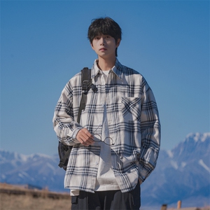 抖音文艺风格子男长袖衬衫新款秋季休闲宽松情侣DX512 P50控79图片