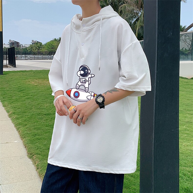 LD54158-P45连帽短袖t恤男大码胖子带帽五分袖中袖,男装T恤,电商A040