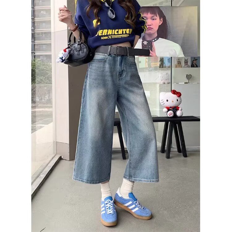 美式复古阔腿牛仔裤女夏季小个子七分裤宽松高腰裤子显瘦直筒裤,男装牛仔裤,星座1210-1