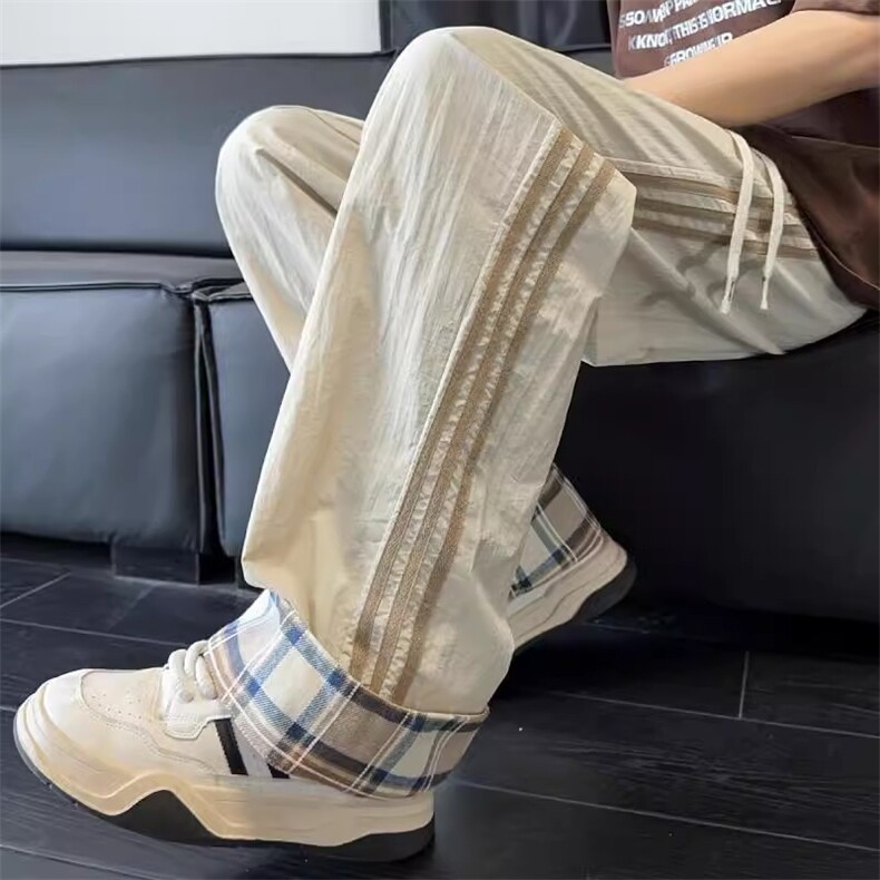 冰丝三杠休闲裤男生格子卷边潮宽松阔腿裤夏薄款运动长裤MK75P40,女装休闲裤,星座1013-5