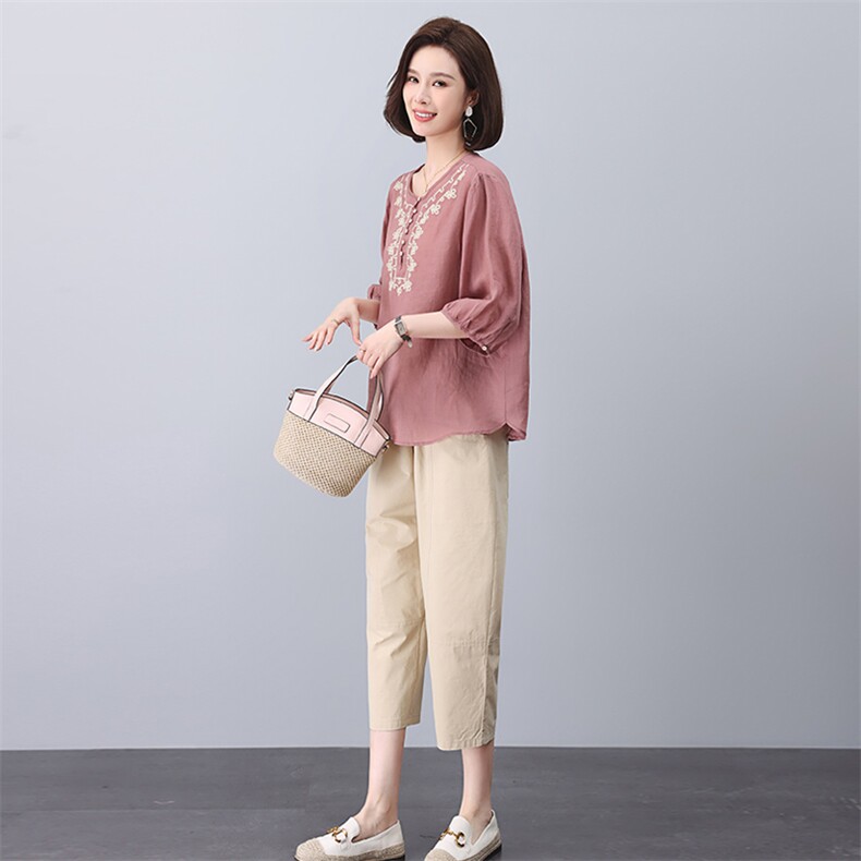 2023夏季苎麻刺绣时尚简约大方气质优雅纯色休闲透气两件套，女装套装/套裙，独衣靓