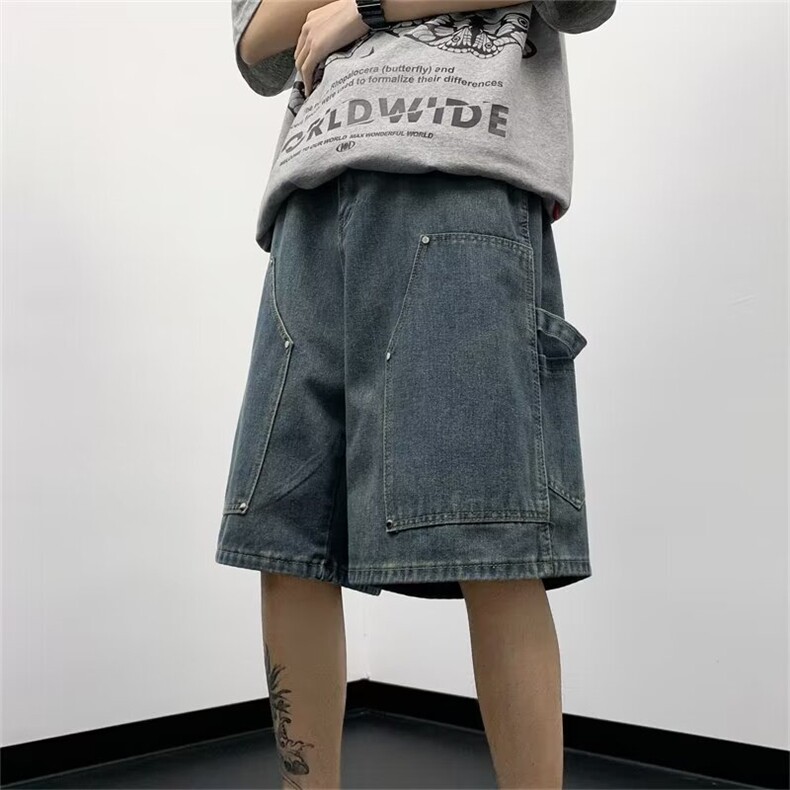 工装牛仔短裤男夏季宽松直筒五分裤美式复古水洗休闲裤子DF5105,男装牛仔裤,星座1116A-1（原606A）
