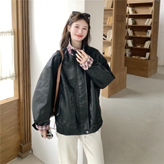 美式复古机车女孩皮衣女2026新款春季翻领宽松高级格纹撞色外套，女装皮衣，艾米莉亚
