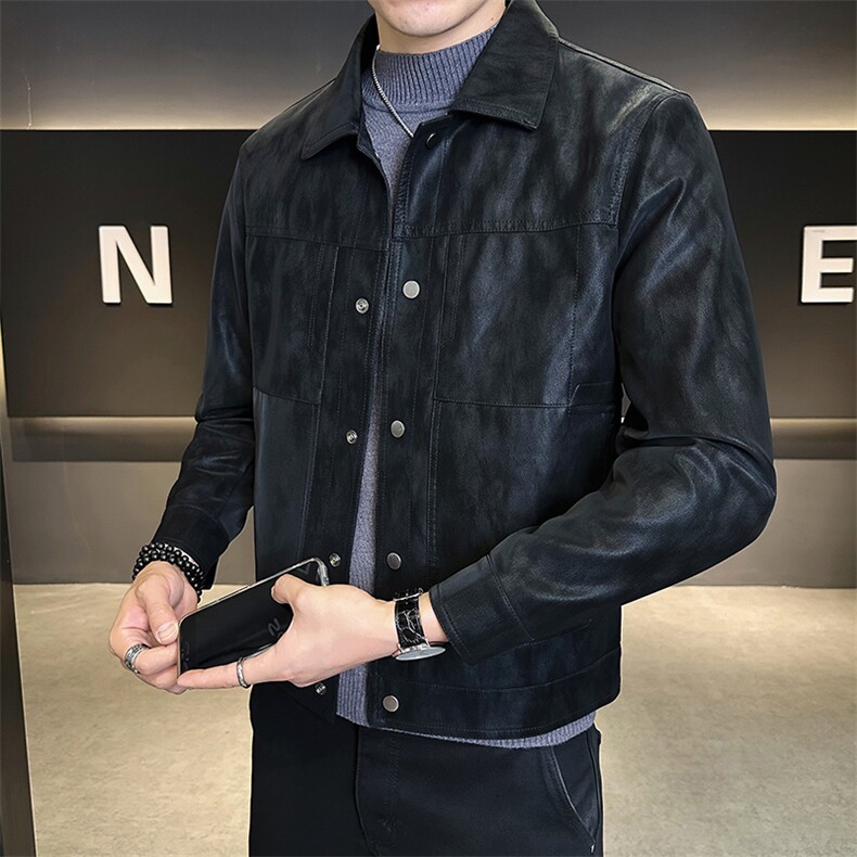 25883-M一4XL-P145店主风秋季新款男士翻领简约百搭纯色皮衣外套,男装皮衣,电商B255
