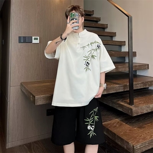 套装男士短袖港风潮流刺绣翠竹帅气2024夏季ins两件套W5823-P50