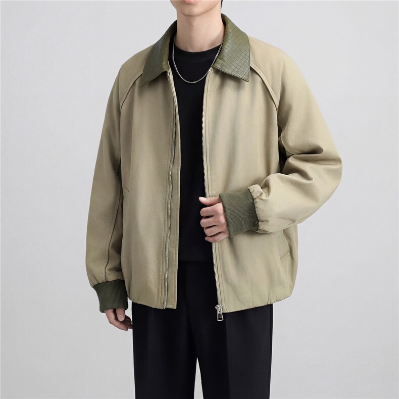 春款2026轻熟风抖音纯色休闲翻领拼皮夹克店主风A236-JK669-P130,男装夹克,电商A236
