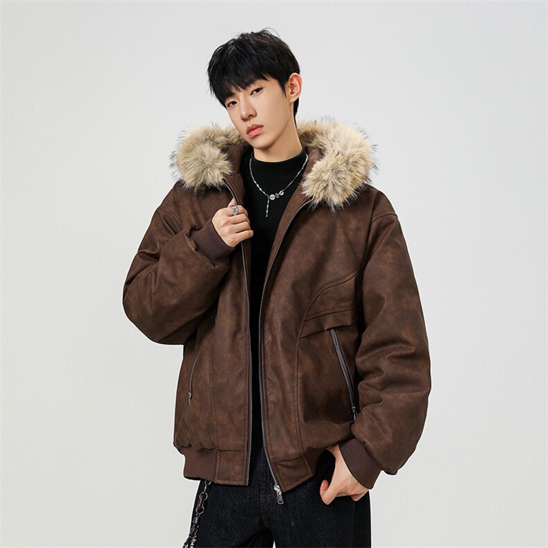 现货扎染PU皮棉服男冬季加厚连帽棉衣座山雕大毛领外套M090-P120,男装棉衣,星座308B-2