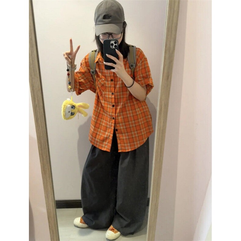 美式橙色设计格纹长袖衬衫男女宽松情侣格子复古铆钉衬衣DXC01P30,男装衬衫,电商D256