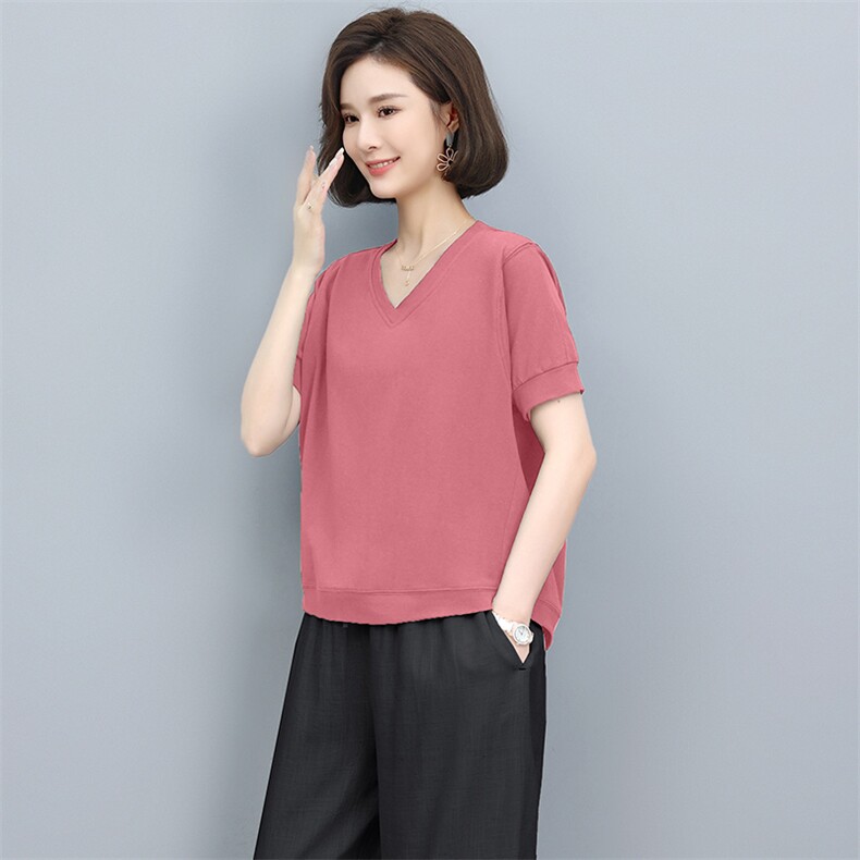 时尚女夏2022新款洋气宽松休闲纯棉短袖V领T恤亚麻裤子,女装T恤,阿丹