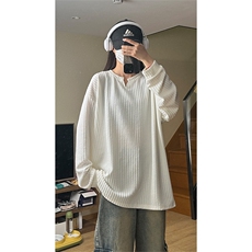 港风日系复古提花慵懒风宽松V领套头长袖T恤XZ213-V001-P35控48，男装T恤，星座213
