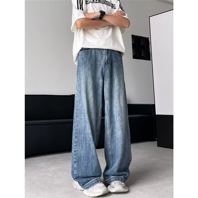 高街美式复古水洗牛仔潮牌宽松直筒显瘦休闲阔腿拖地长裤NZH301，男装休闲裤，星座516A