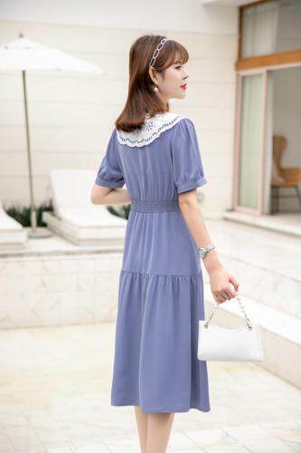 夏季新款气质淑女蕾丝白领蓝色连衣裙，女装连衣裙，水锦红