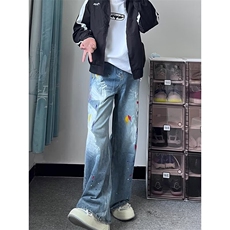 常规长裤微弹春秋潮中腰小众设计感涂鸦宽松直筒牛仔裤青少年水洗，男装牛仔裤，星座218-1（原230）
