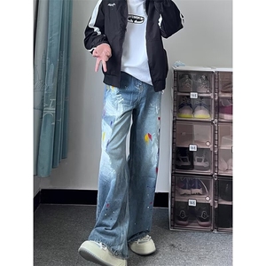常规长裤微弹春秋潮中腰小众设计感涂鸦宽松直筒牛仔裤青少年水洗图片
