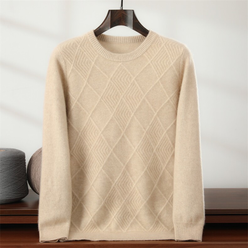 秋冬新款菱形圆领针织套头上衣时尚百搭，男装针织衫/毛衣，隆格羊绒