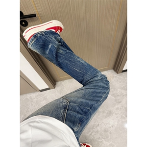 ！美式复古破洞闪电纹水洗牛仔裤图片