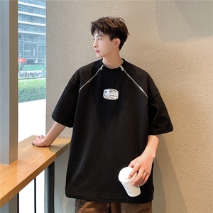 港风美式垫肩设计T恤男大码拉链WANG金属质感字母DT8791P55控78图片