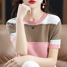 100%纯棉短袖女宽松夏季22新款圆领拼色T恤显瘦百搭针织半袖上衣，女装针织衫/毛衣，郡淞羊绒